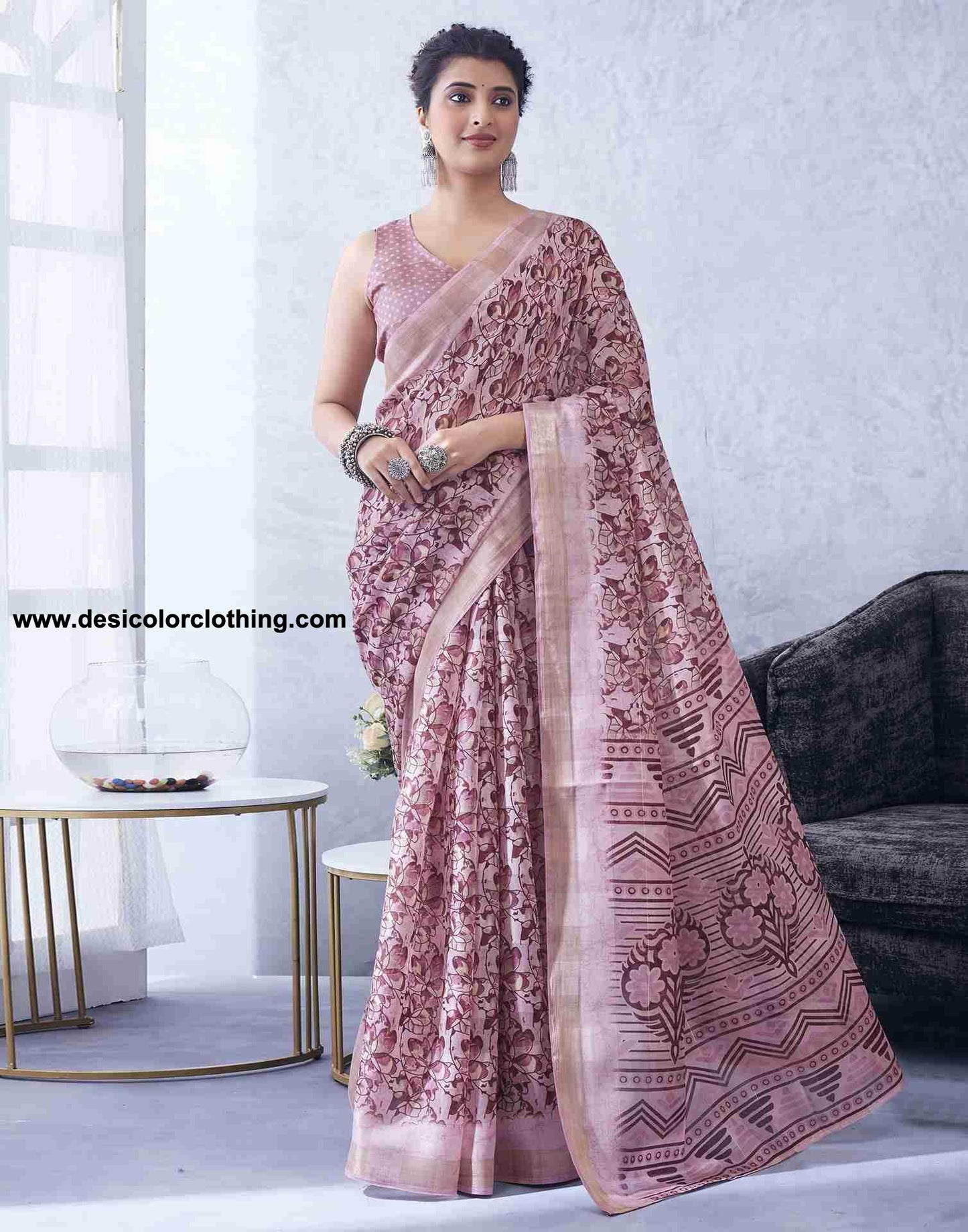 Pink Cotton Printed Saree
