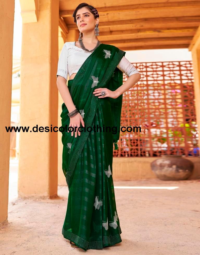 Bottle Green Chiffon Plain Ready To Wear