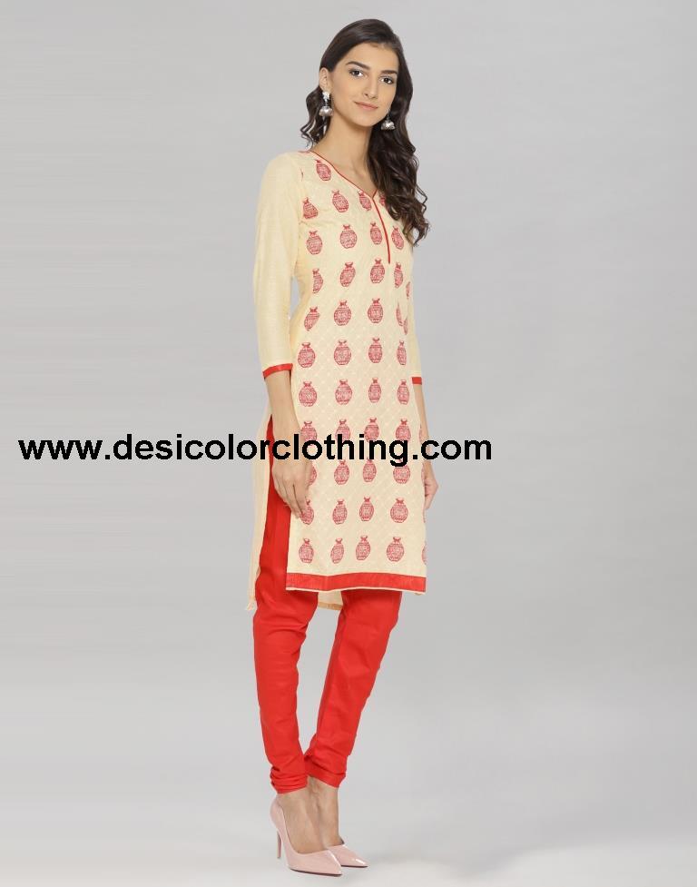 Beige Cotton Embroidered Printed Unstitched Salwar Suit