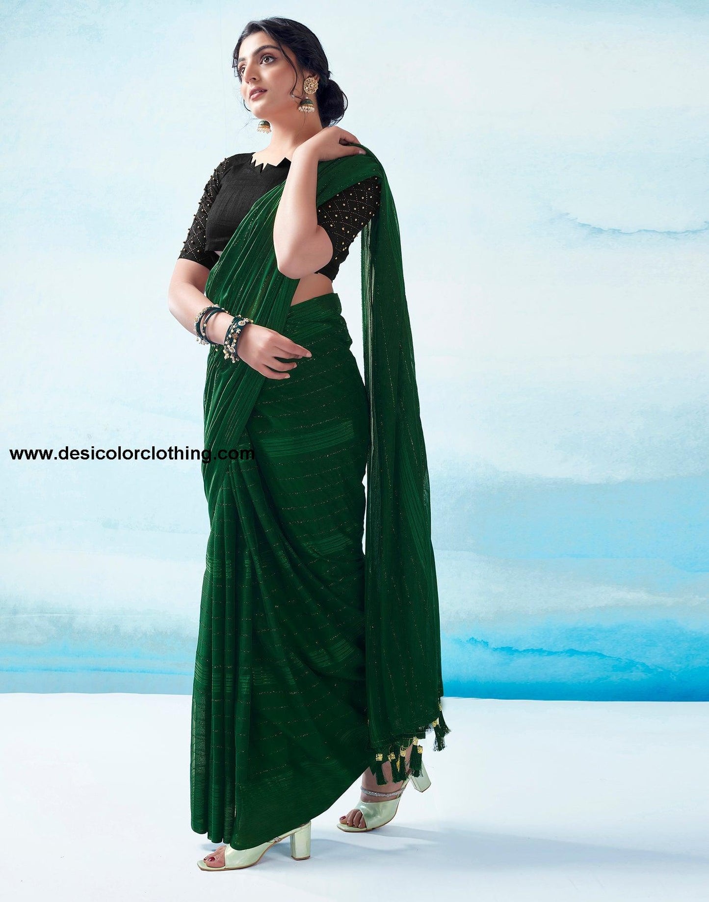 Dark Green Georgette Plain Saree