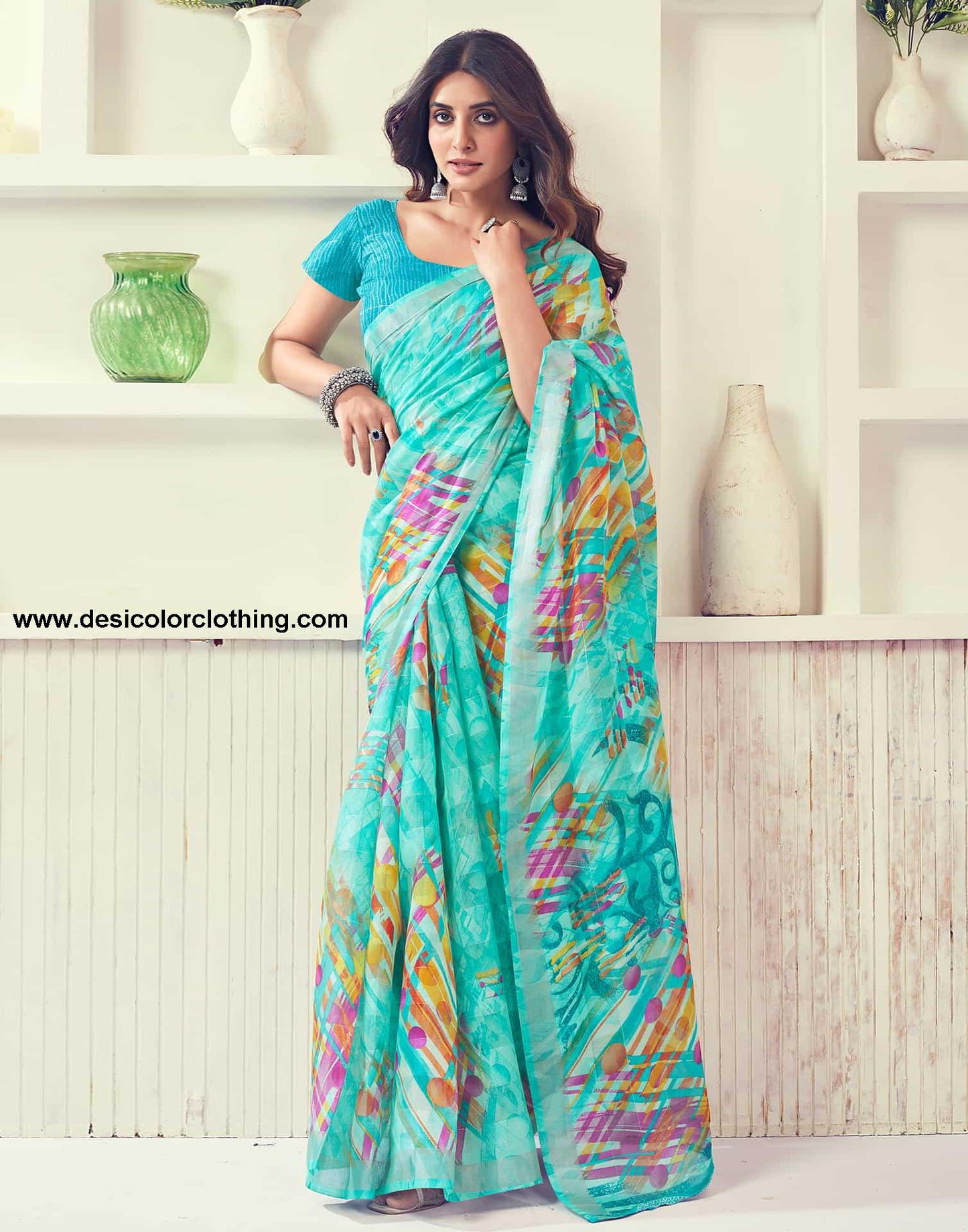 Turquoise Printed Cotton Geometric Saree