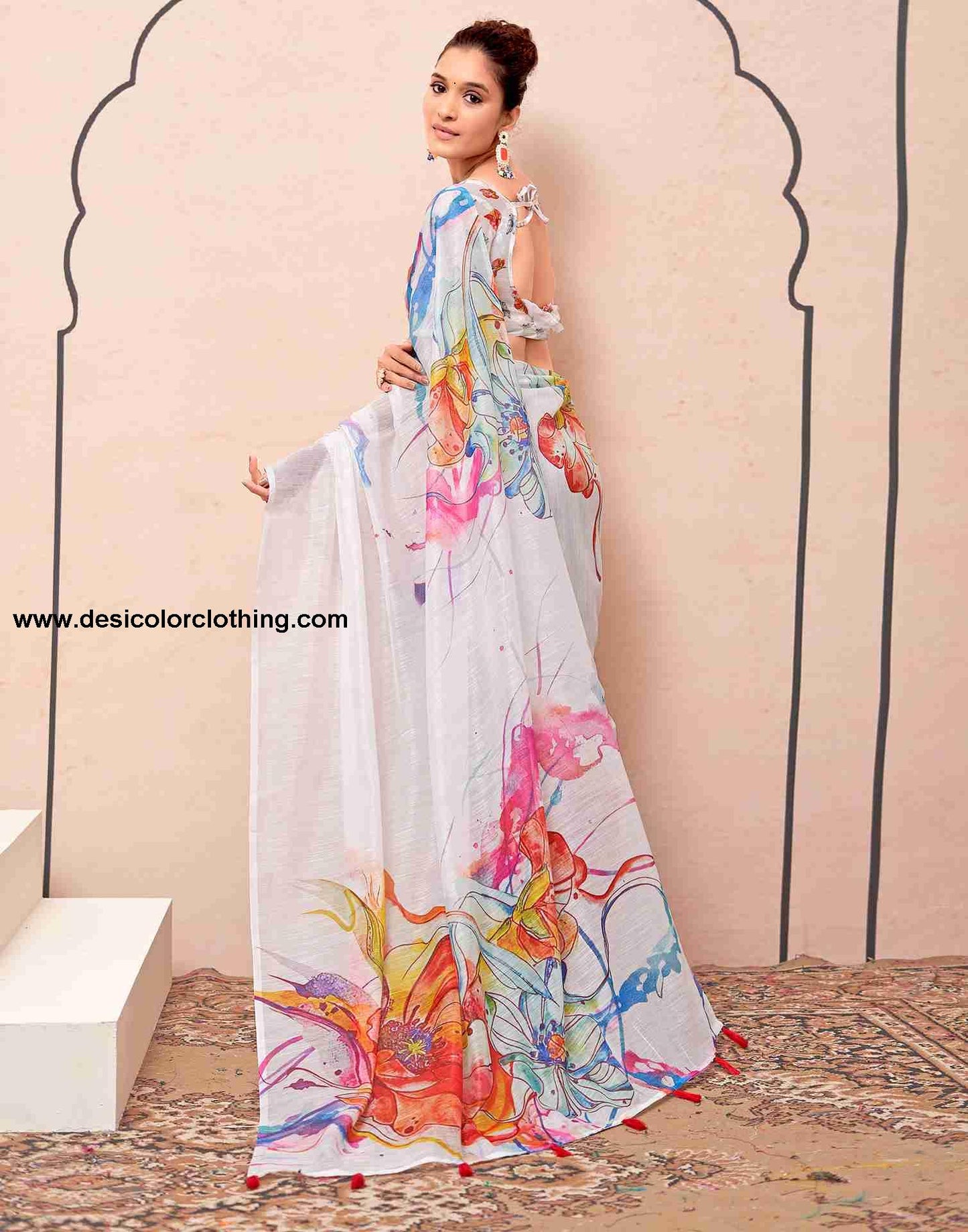 White Cotton Printed Saree