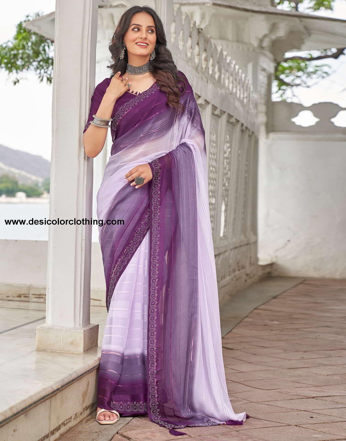 Purple Swarovski Georgette Stone Work Saree