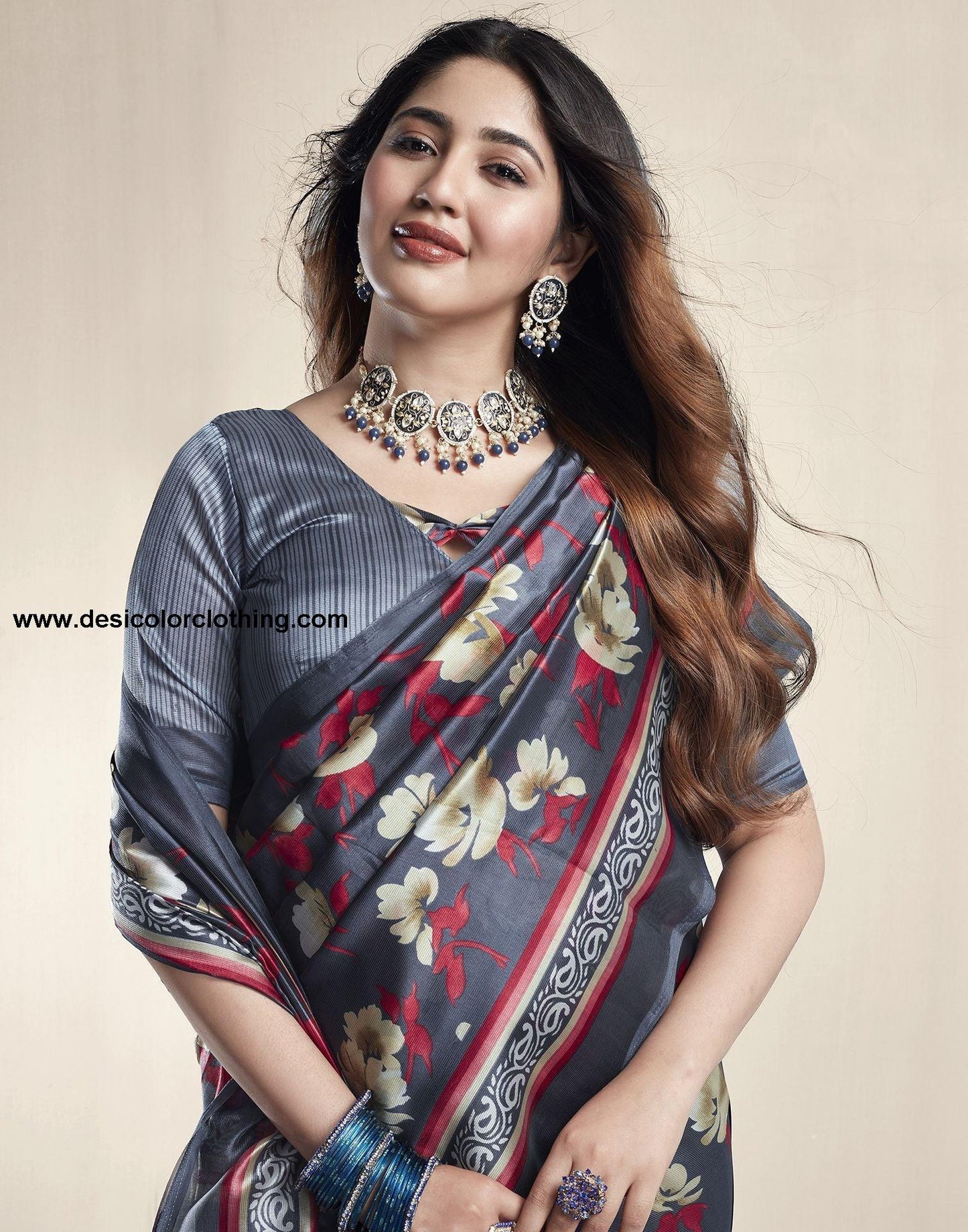 Dark Grey Printed Silk Saree