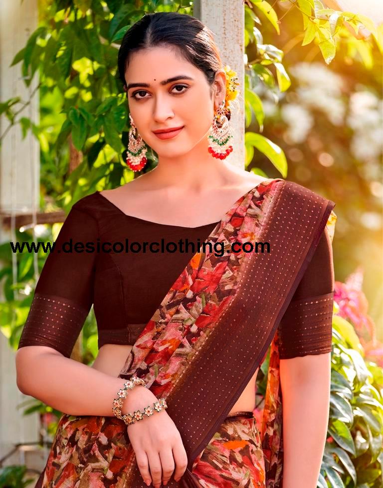 Brown Georgette Zari Saree