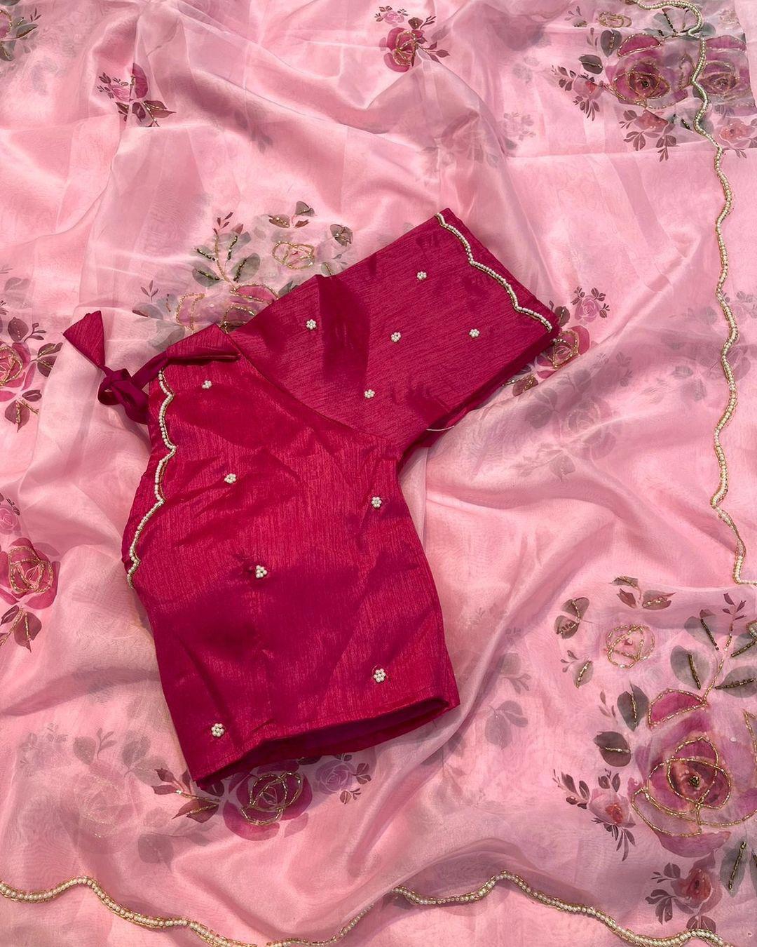 Product Image - Designer Satin Organza Saree with Handcrafted Floral Prints and Pearl Cutwork Border