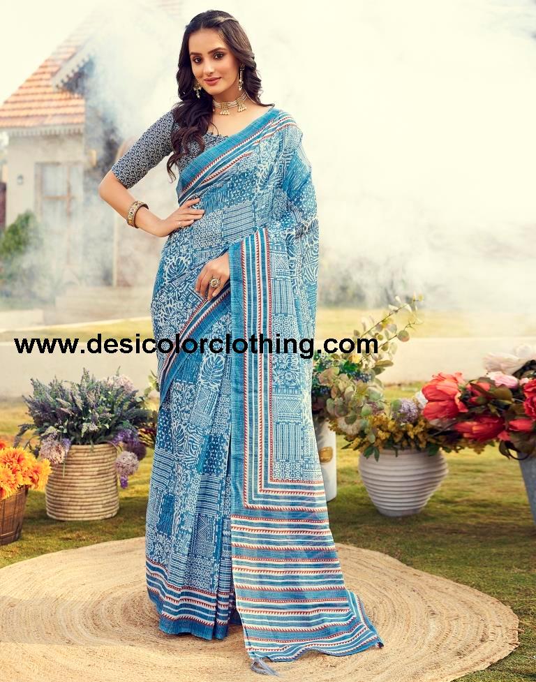 Blue Cotton Printed Ready To Wear