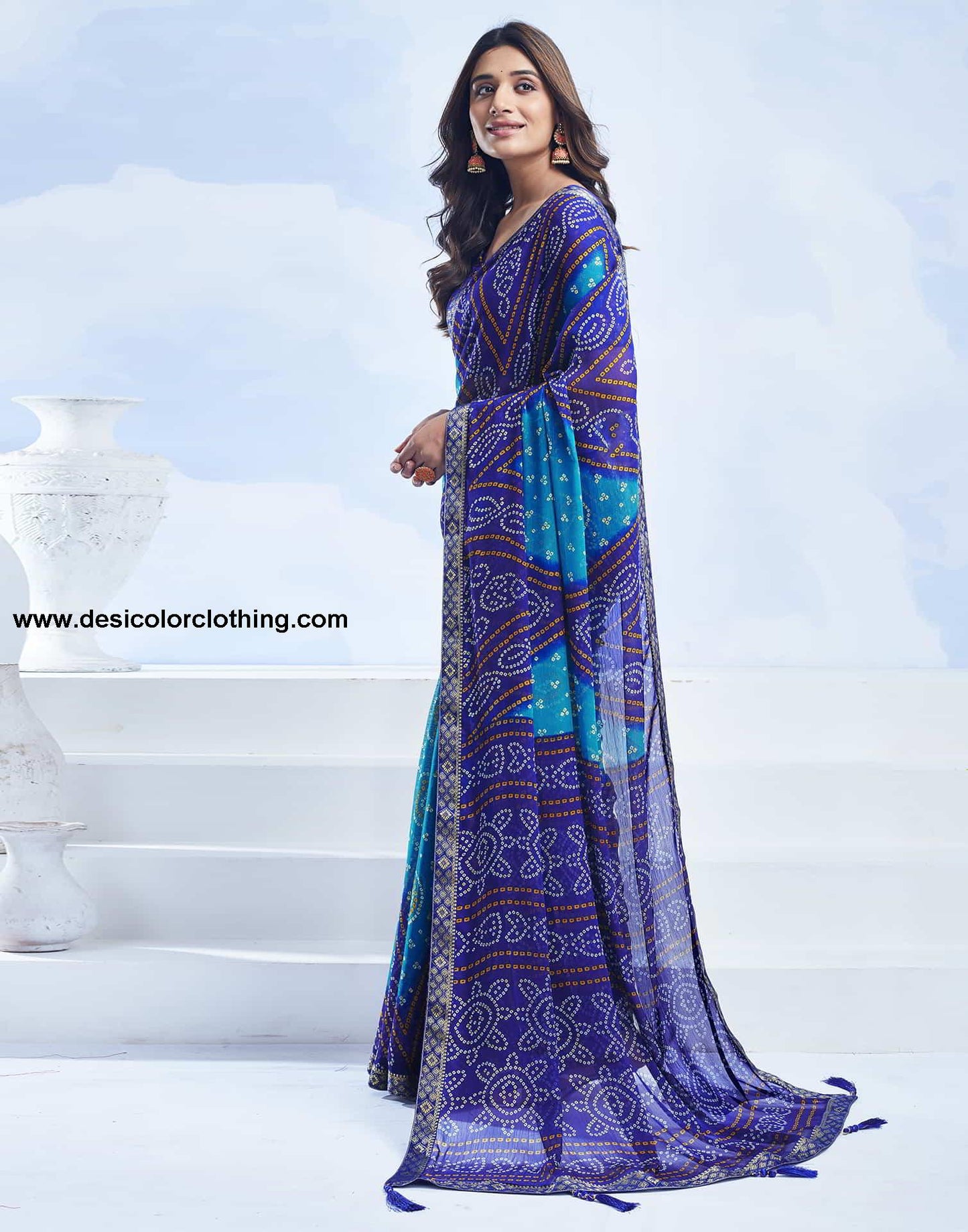 Blue Bandhani Chiffon Saree
