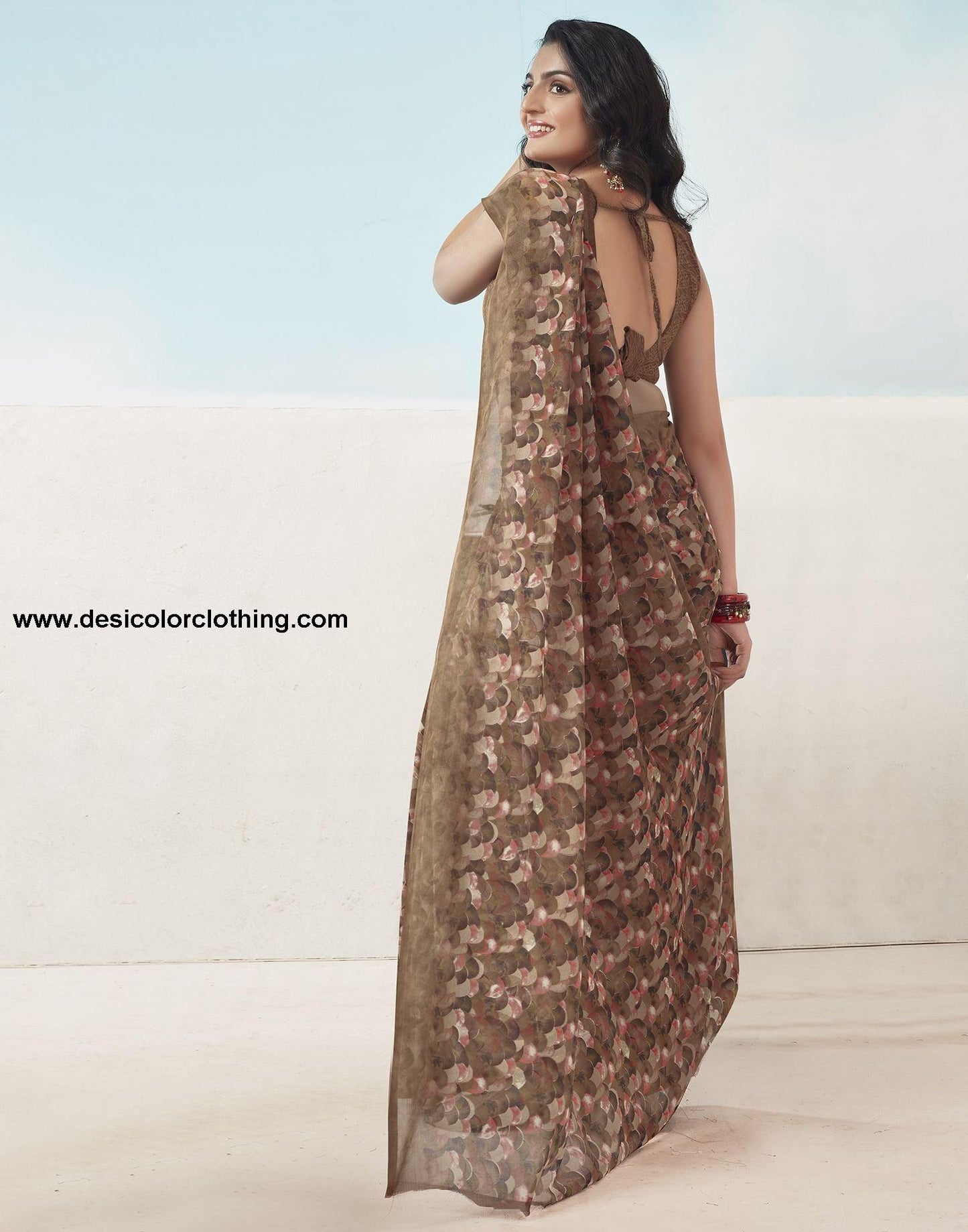 Brown Printed Georgette Saree