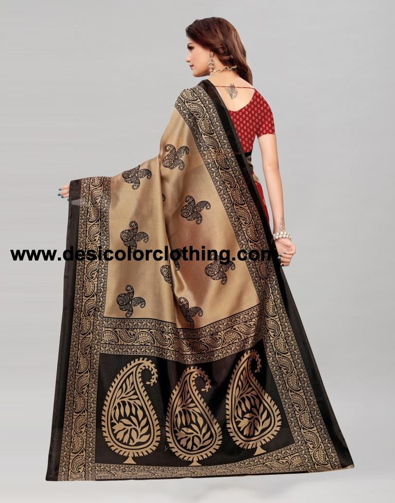 Beige And Maroon Coloured Poly Silk Printed Saree
