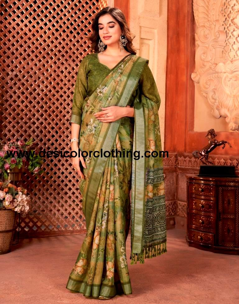 Olive Green Linen Printed Saree