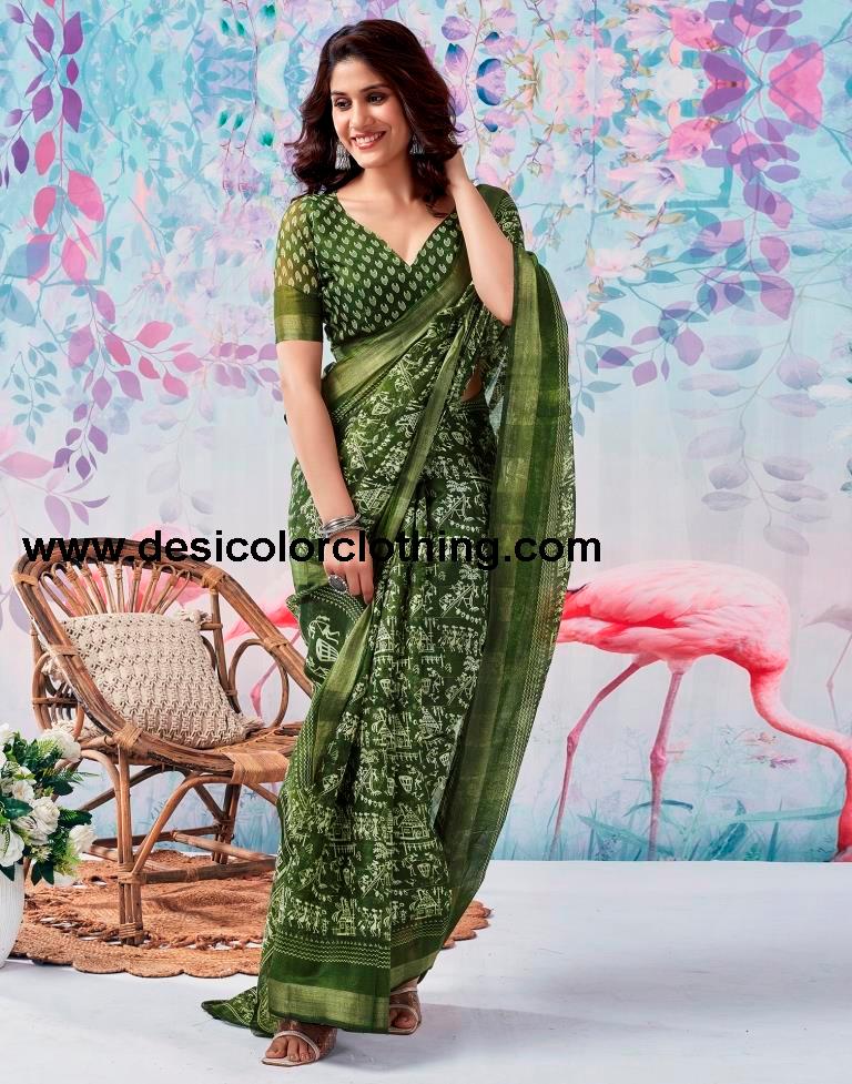 Olive Green Cotton Zari Saree