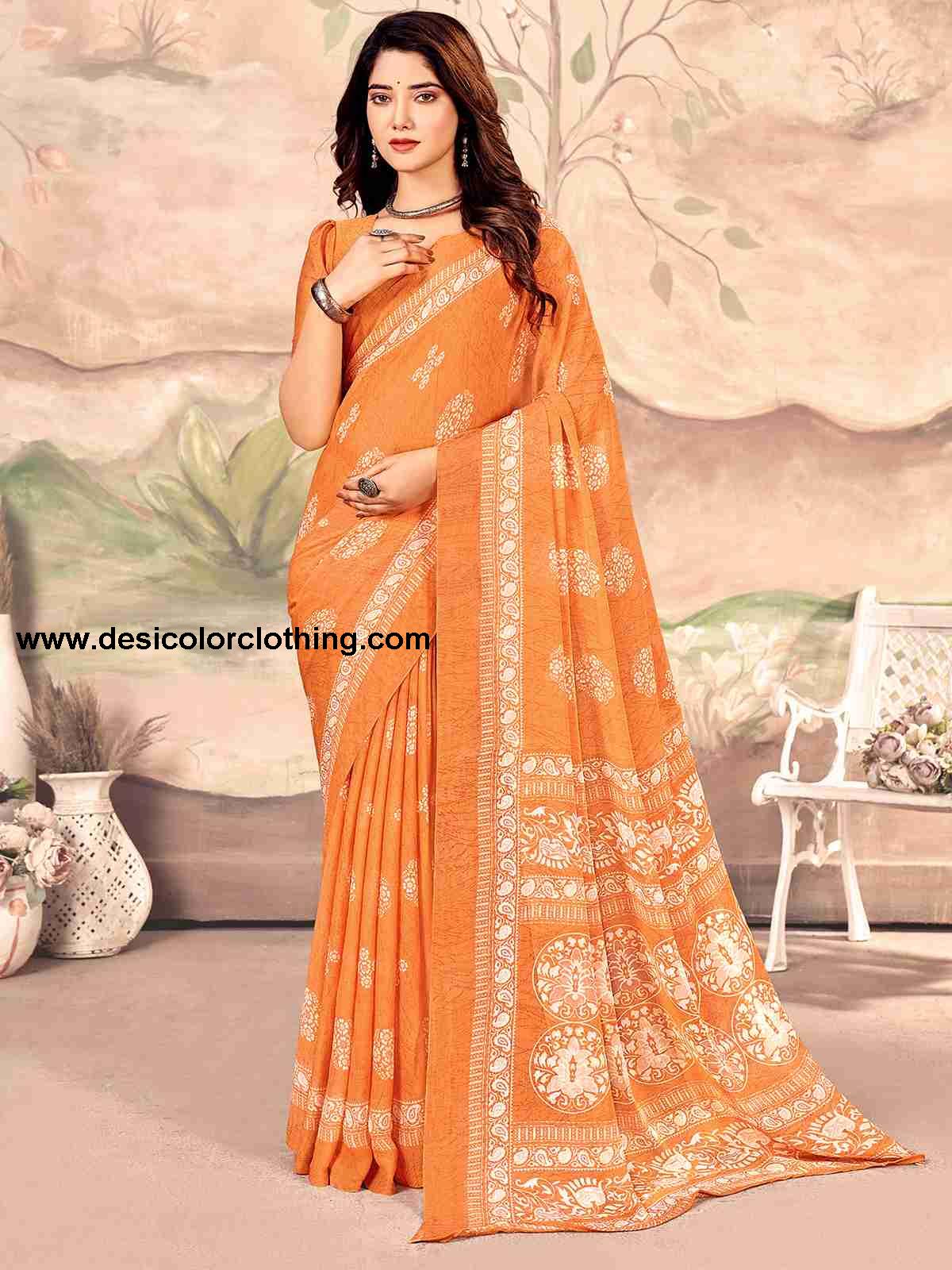 Orange Chiffon Printed Saree