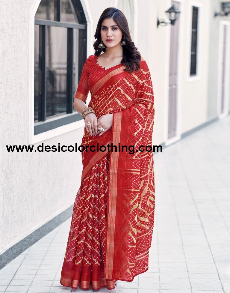 Red Cotton Printed Saree