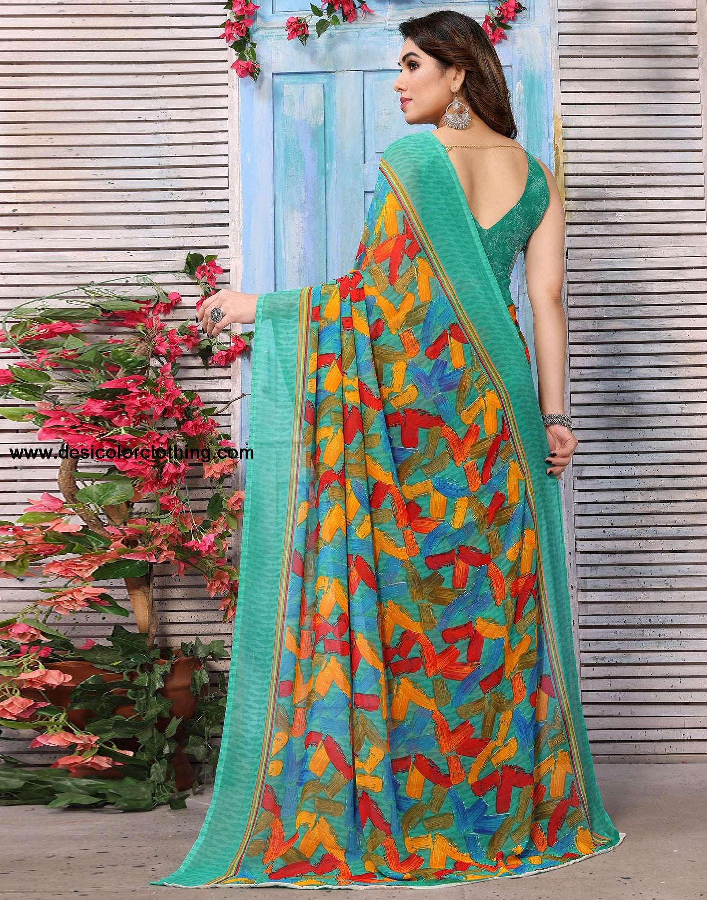 Rama Green Georgette Printed Saree