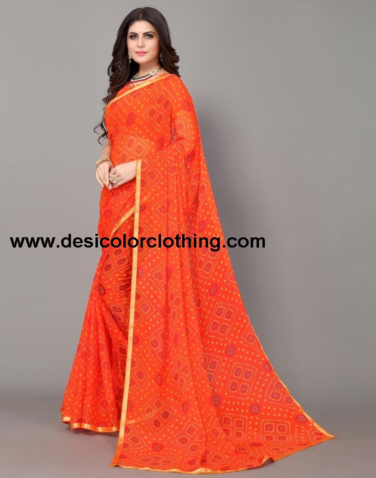 Orange Bandhani Printed Saree