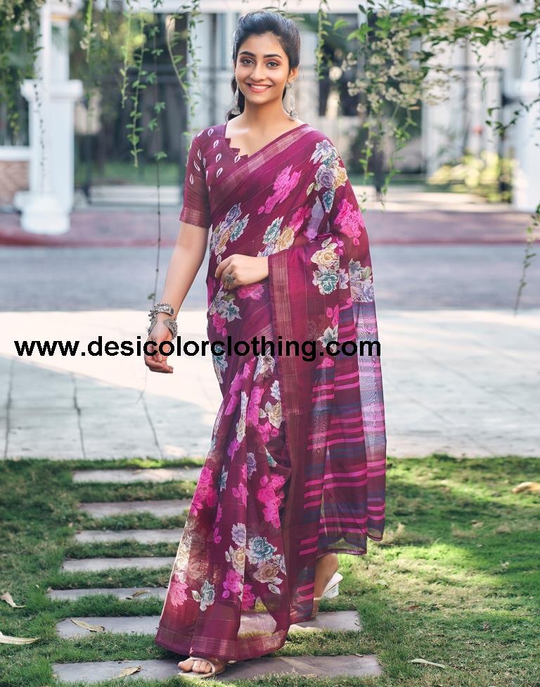 Dark Purple Cotton Printed Saree