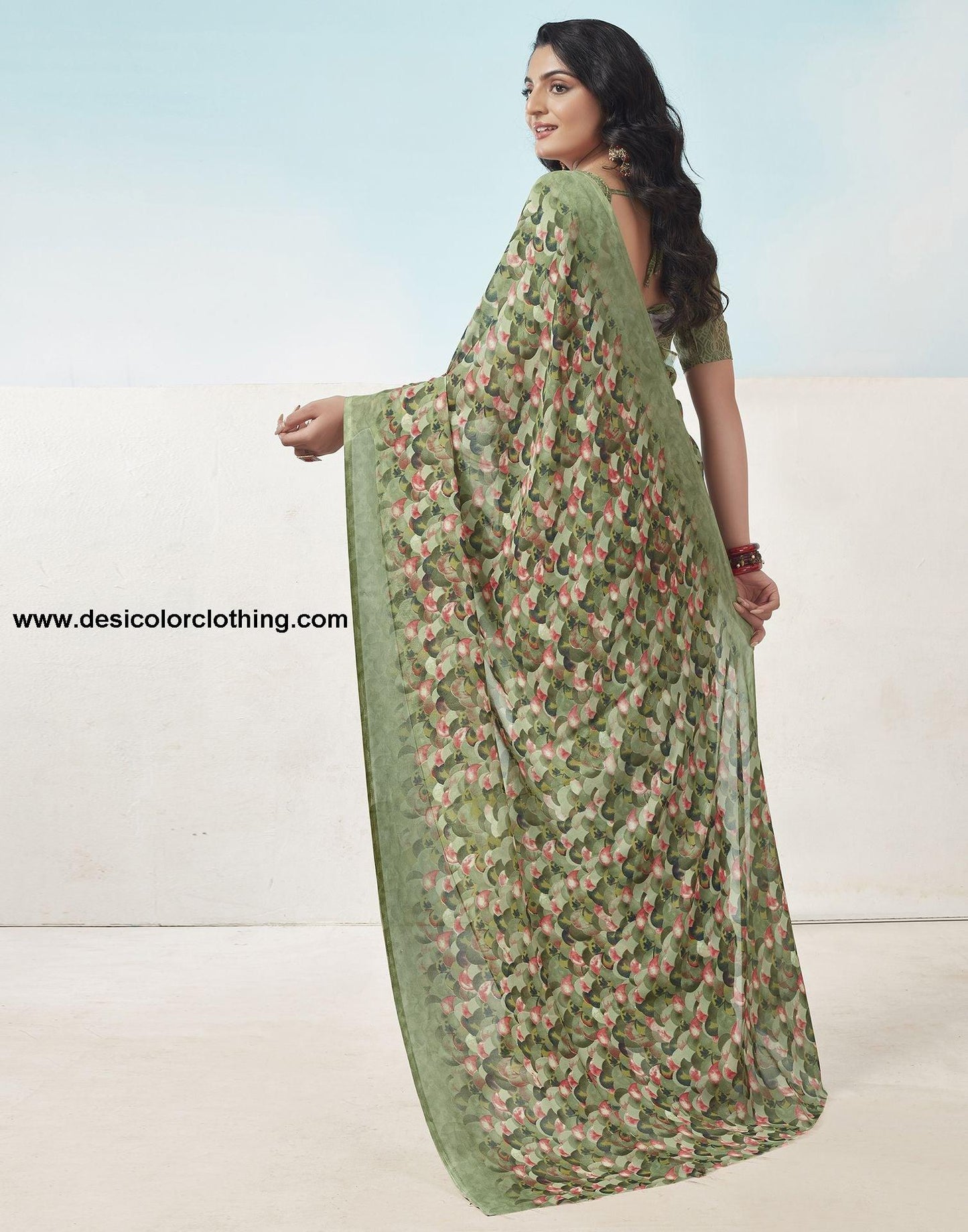 Olive Green Printed Georgette Saree