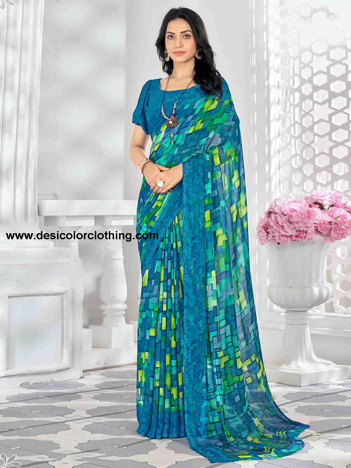 Blue Chiffon Printed Saree