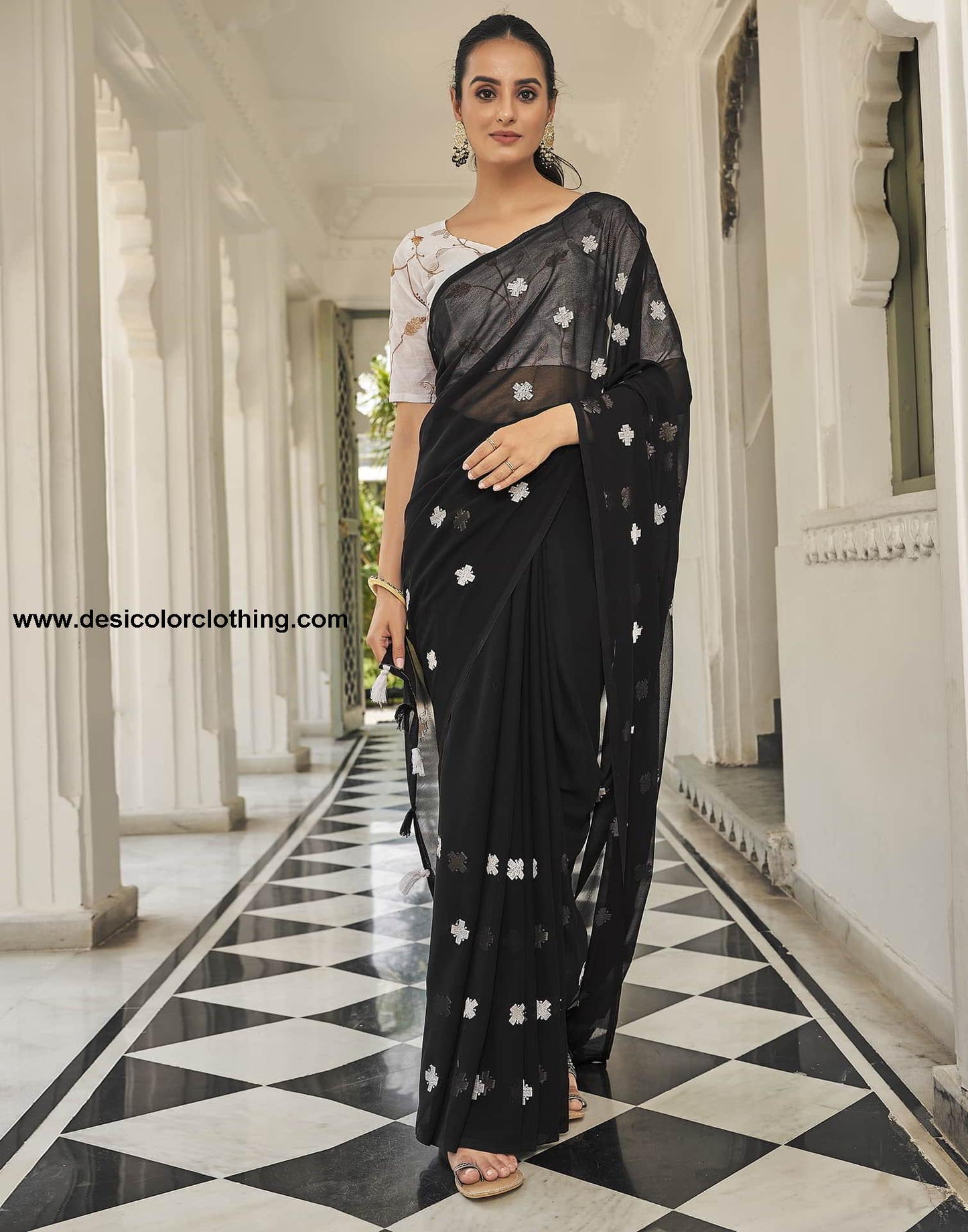 Black Printed Georgette Embroidery Saree