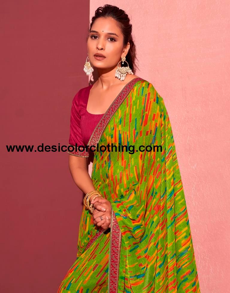 Green Chiffon Printed Saree