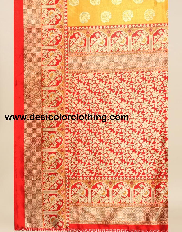 Golden Yellow And Red Silk Saree