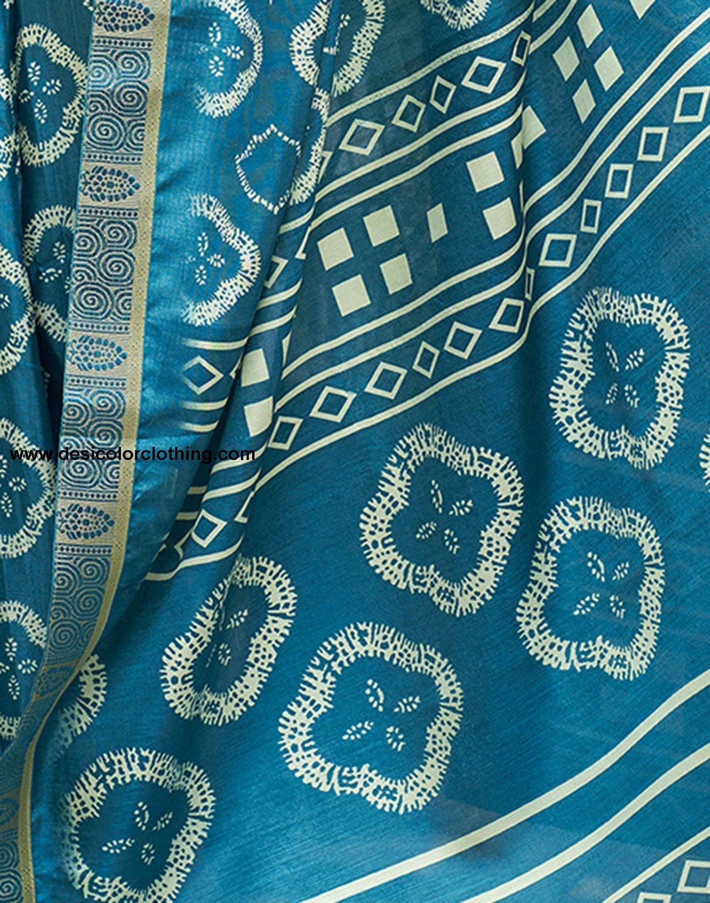 Peacock Blue Printed Silk Saree