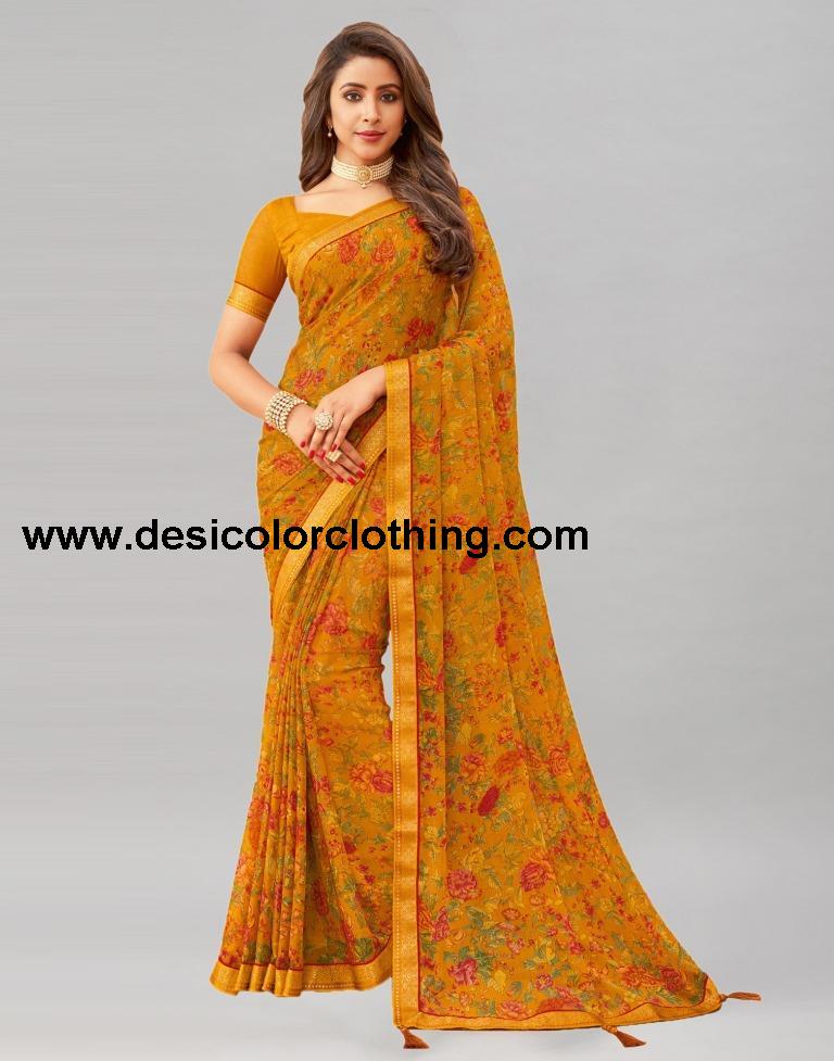Turmeric Yellow Printed Chiffon Saree | 1976S513