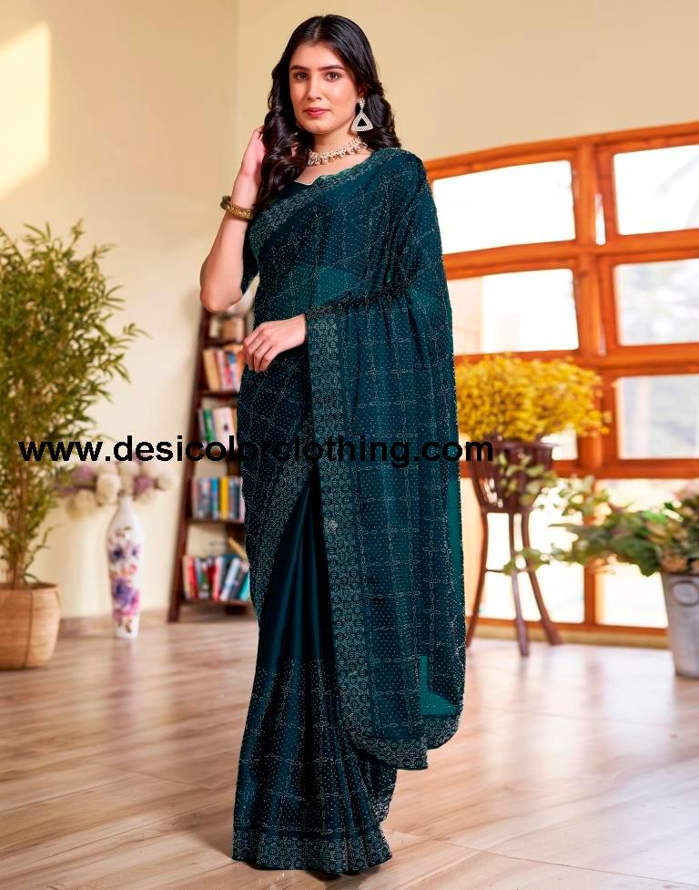 Sea Blue Georgette Plain Saree