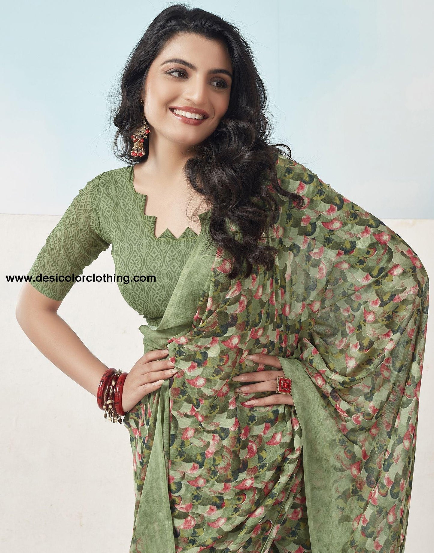 Olive Green Printed Georgette Saree