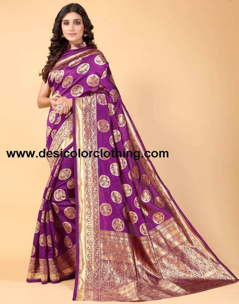Magenta And Golden Silk Saree