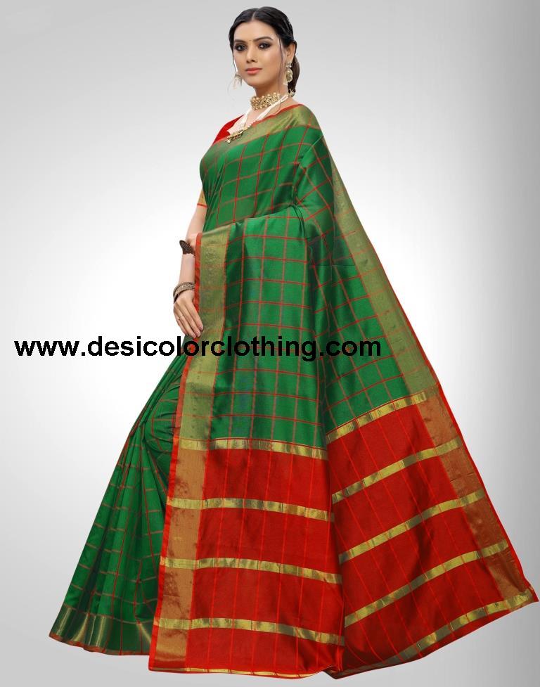 Green Coloured Chanderi Woven Checks Casual saree