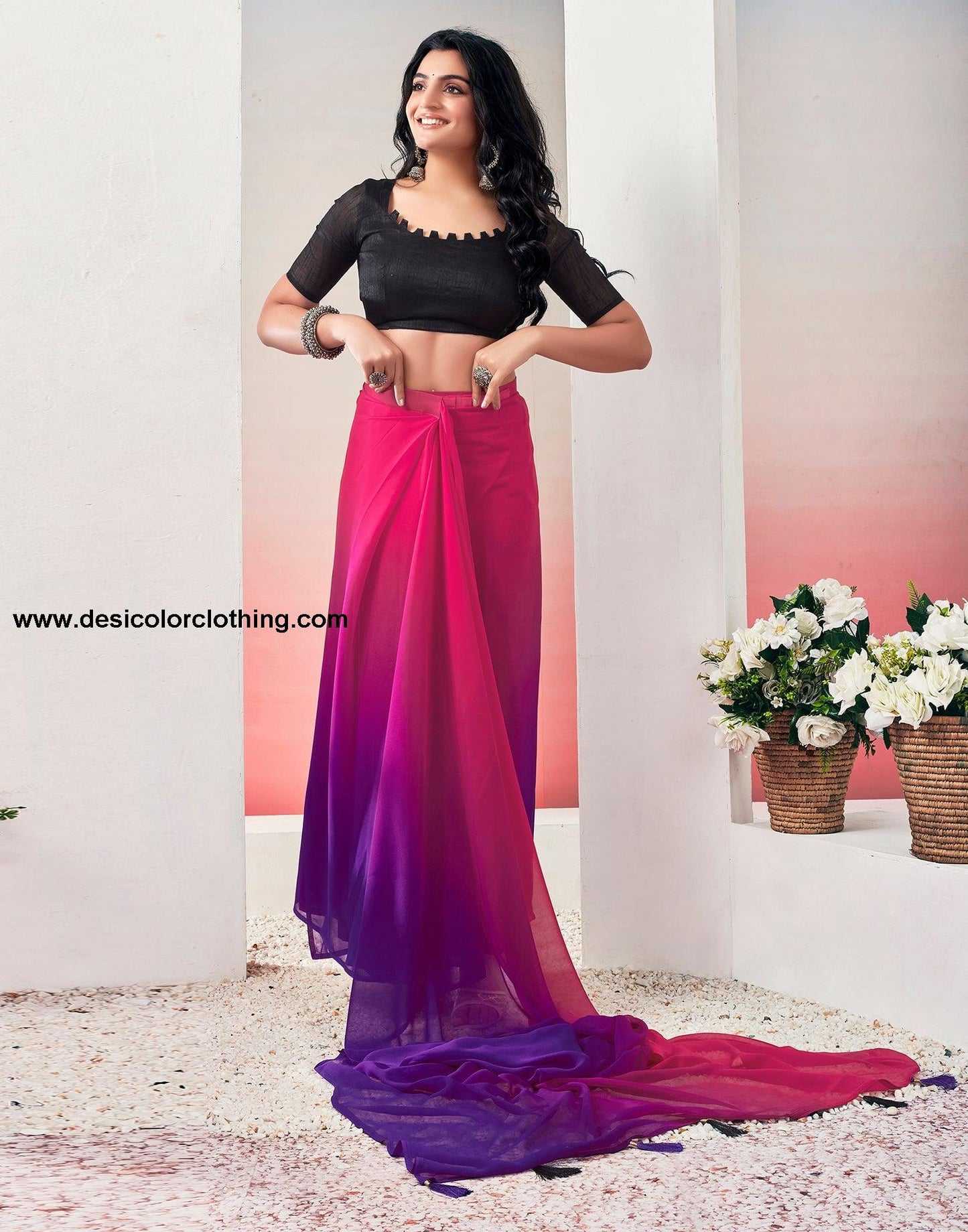 Pink Georgette Plain Ready to Wear Saree