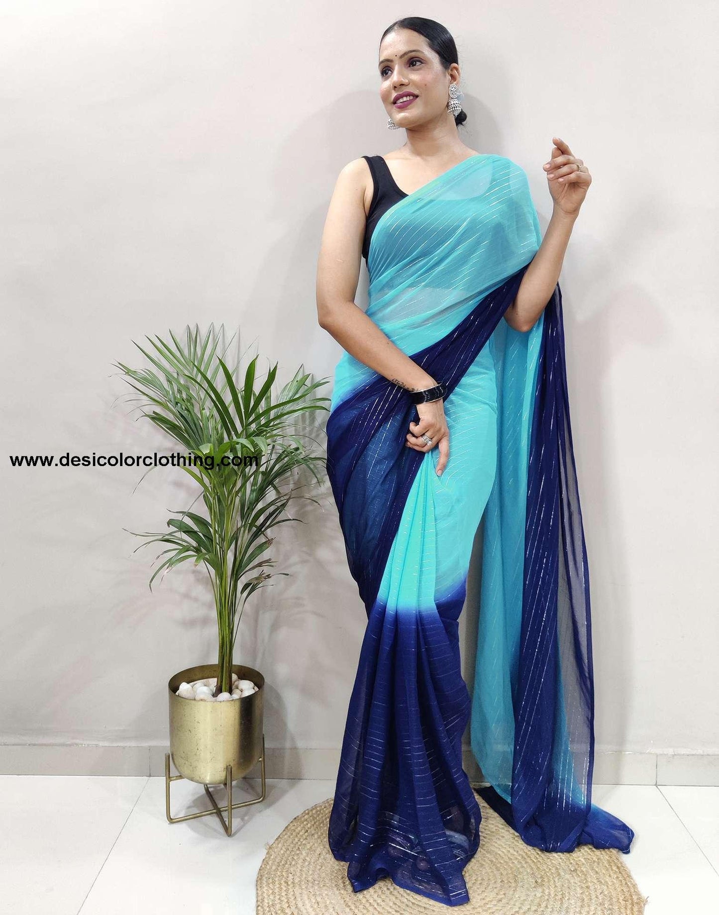 Black Banglori Silk Blouse & Blue Georgette Saree with Jari Stripes