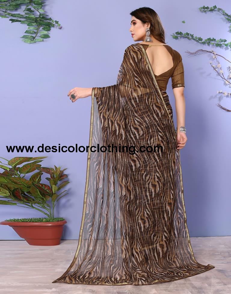 Brown Chiffon Animal Printed Saree