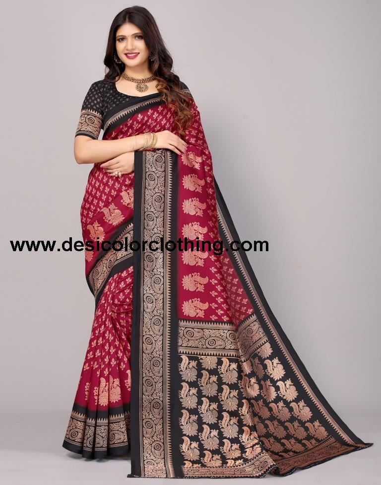 Cherry Red Printed Silk Saree