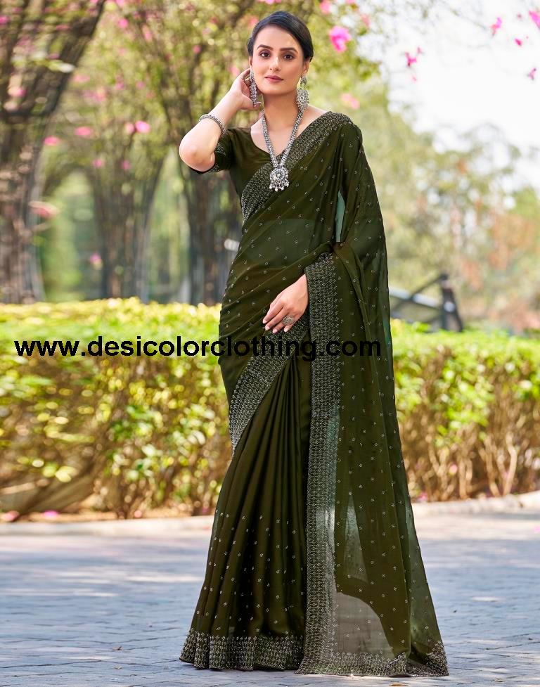 Olive Green Georgette Plain Saree