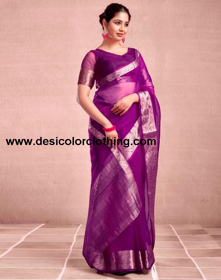 Dark Magenta Orgenza Plain Saree