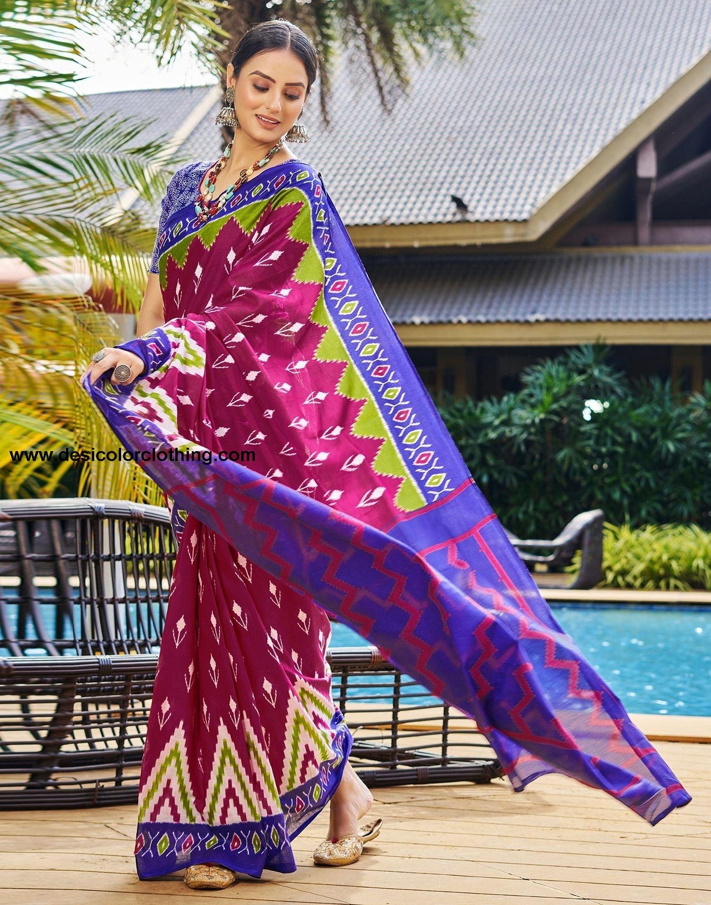 Pink Printed Cotton Pre-Draped Saree