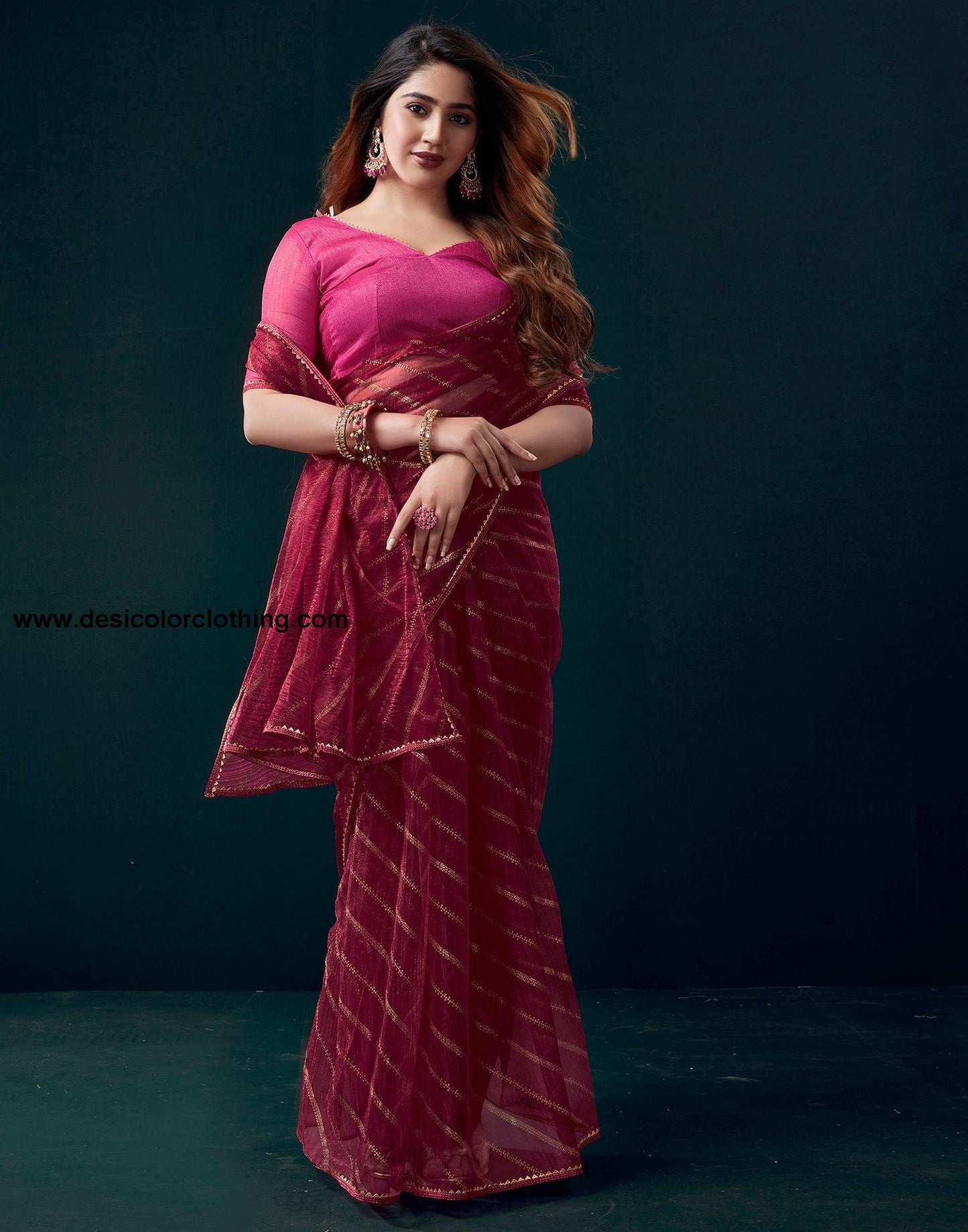 Dark Pink Chiffon Plain Saree