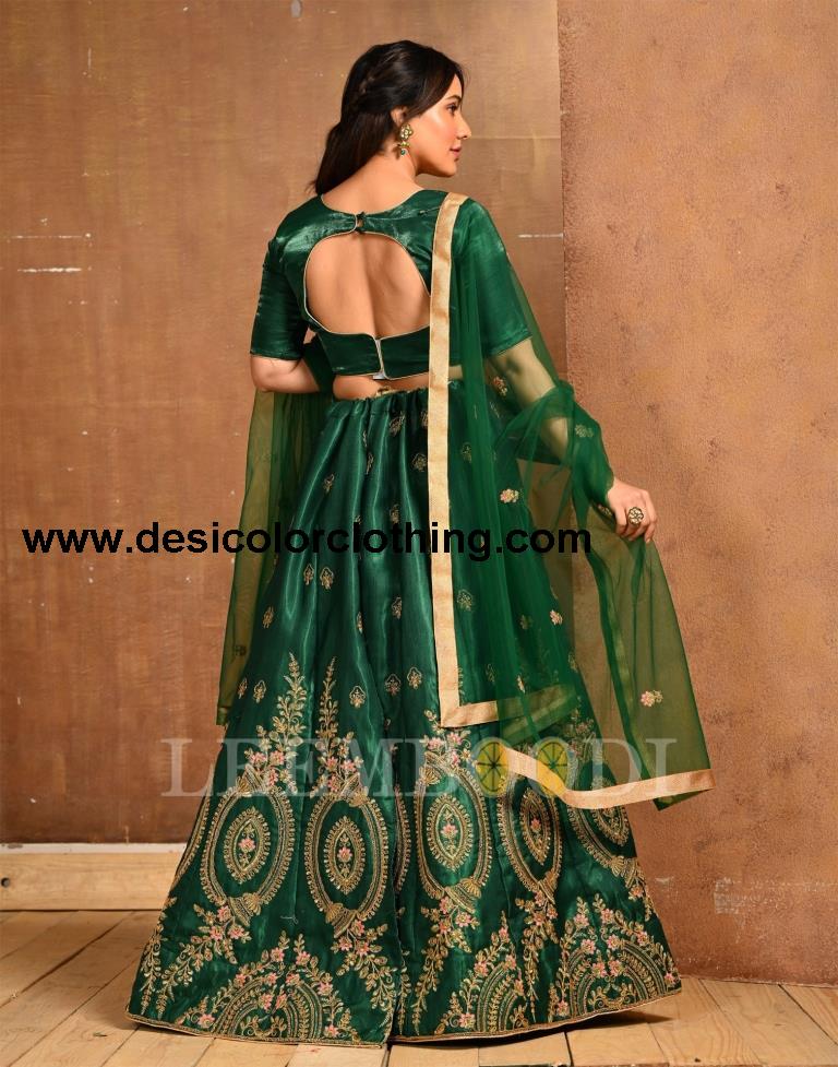 Bottle Green Coloured Poly Silk Embroidered Partywear Lehenga | SLV125L10495