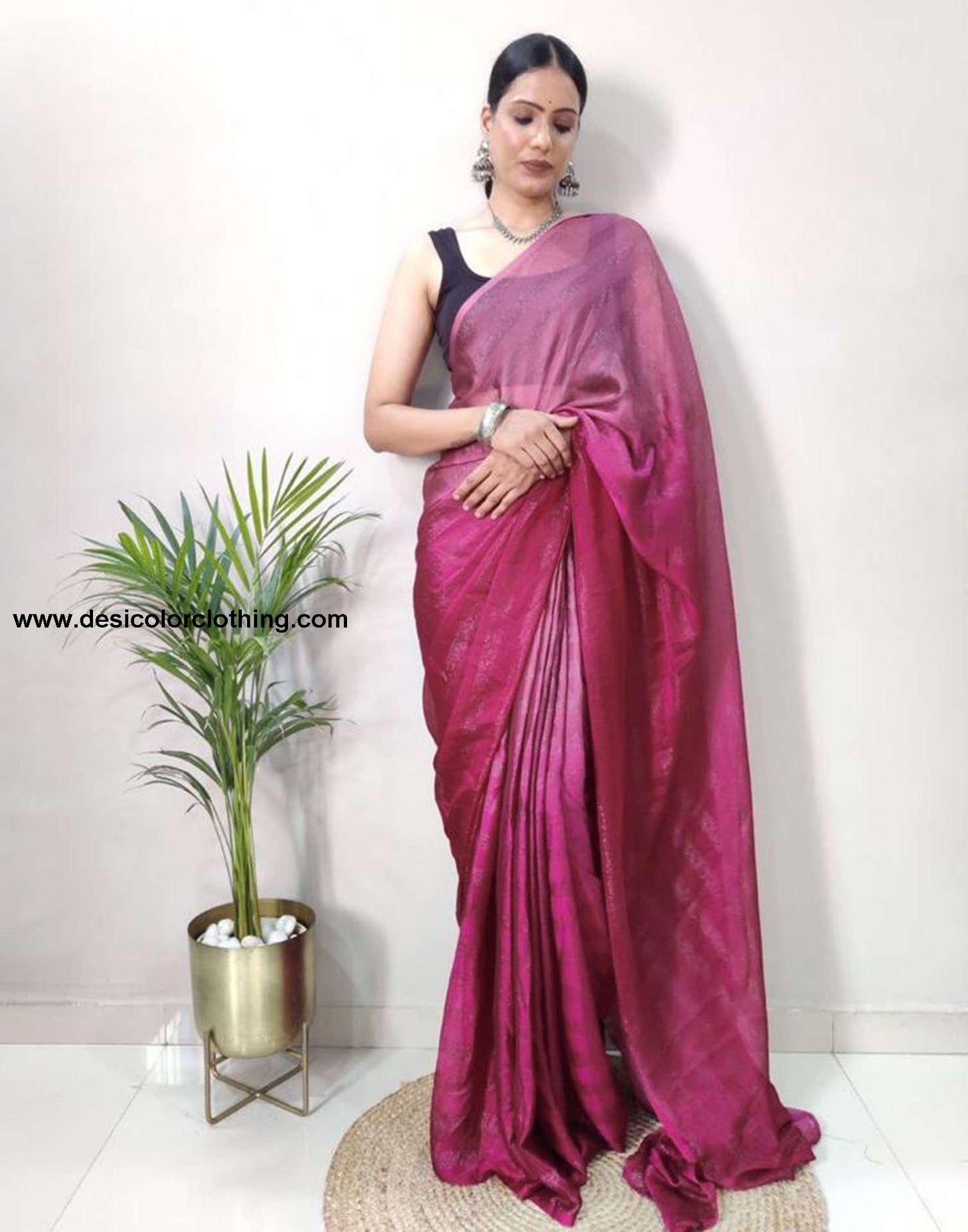 Onion Pink Plain Georgette Pre-draped Saree