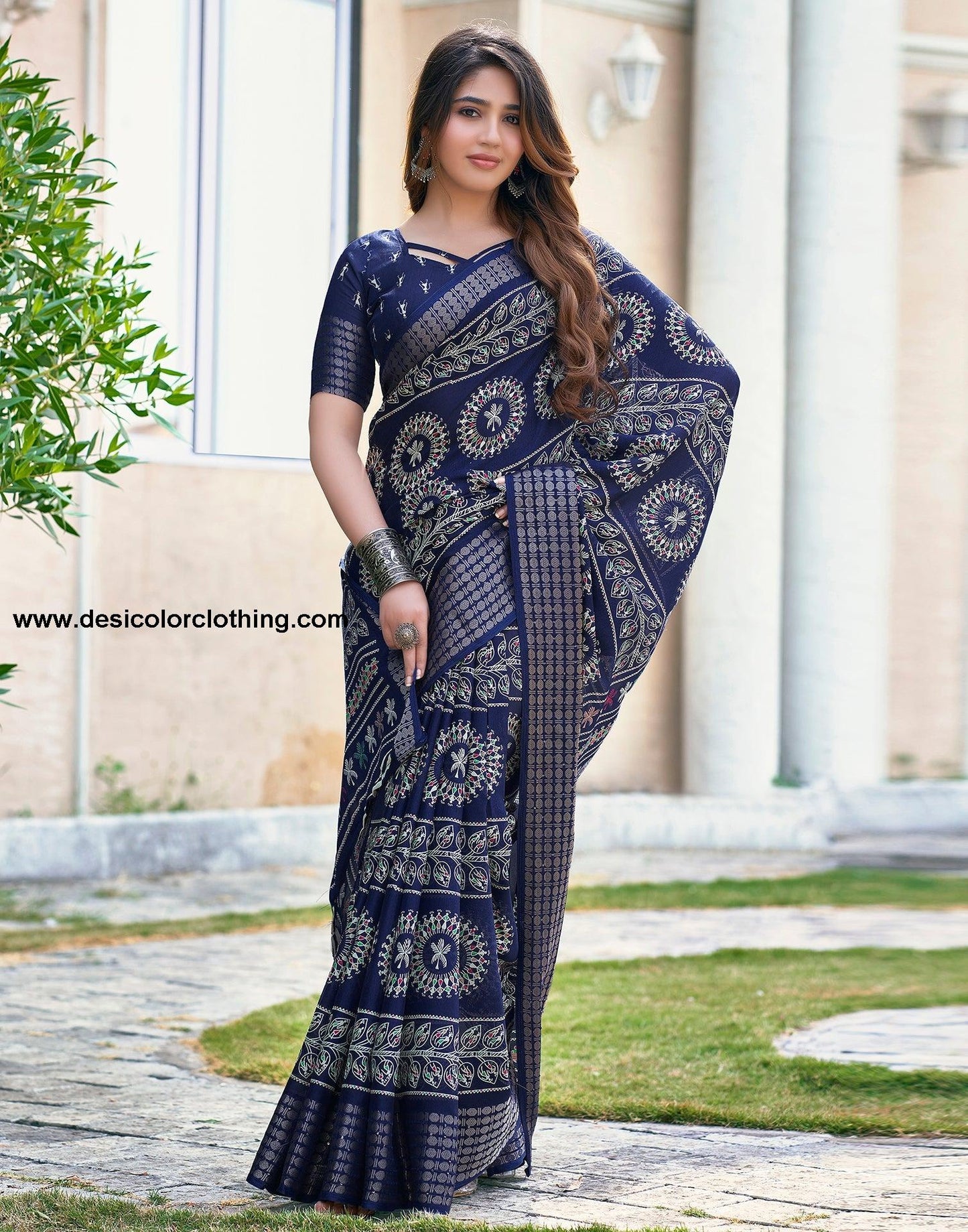 Dark Blue Silk Printed Saree