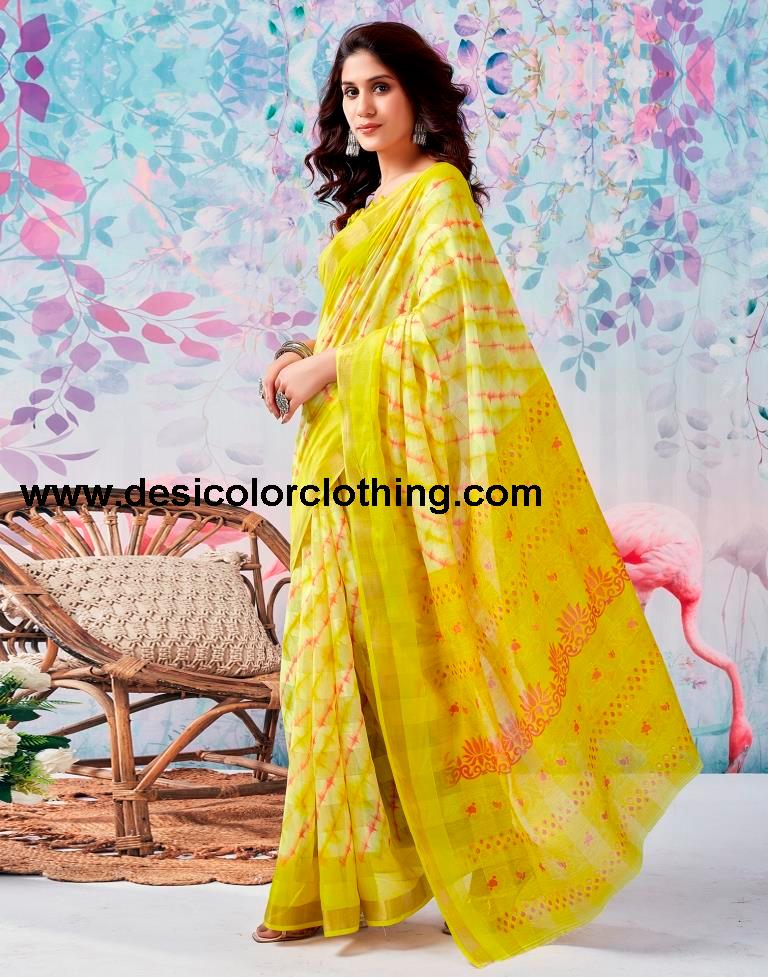 Yellow Cotton Zari Saree