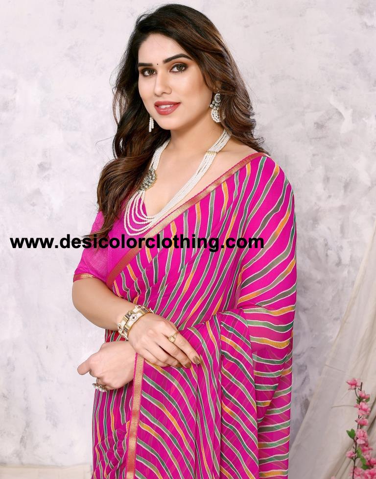 Rani Pink Chiffon Leheriya Printed Saree