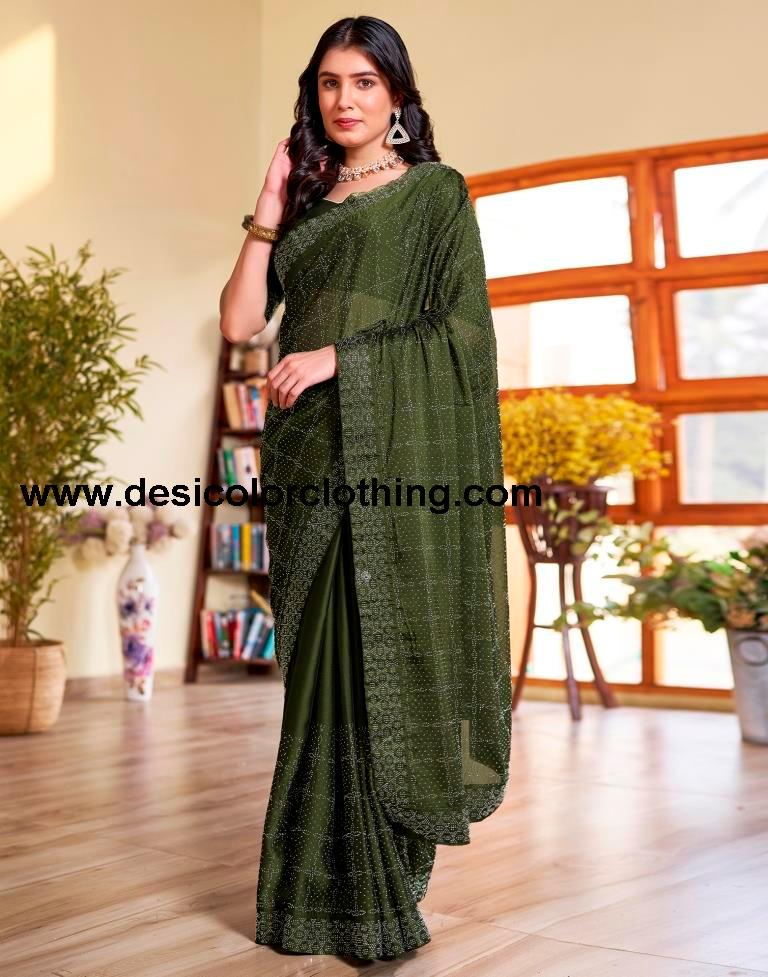Mehndi Green Georgette Plain Saree