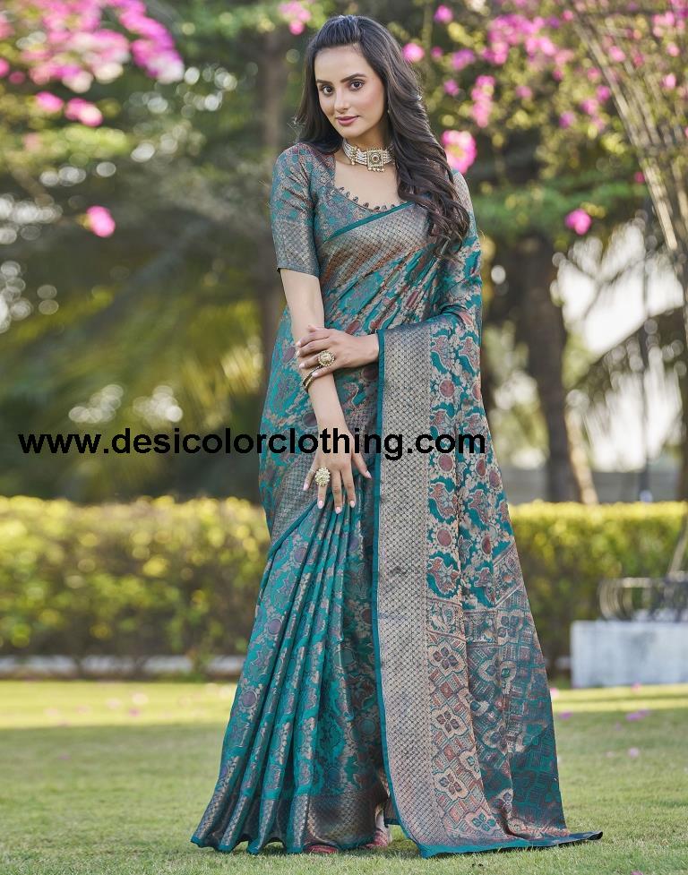 Rama Blue Organza Plain Saree