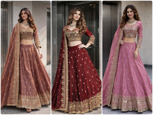 Indian party-wear saree with contrast blouse and jewelry, studio lighting on plain backdrop