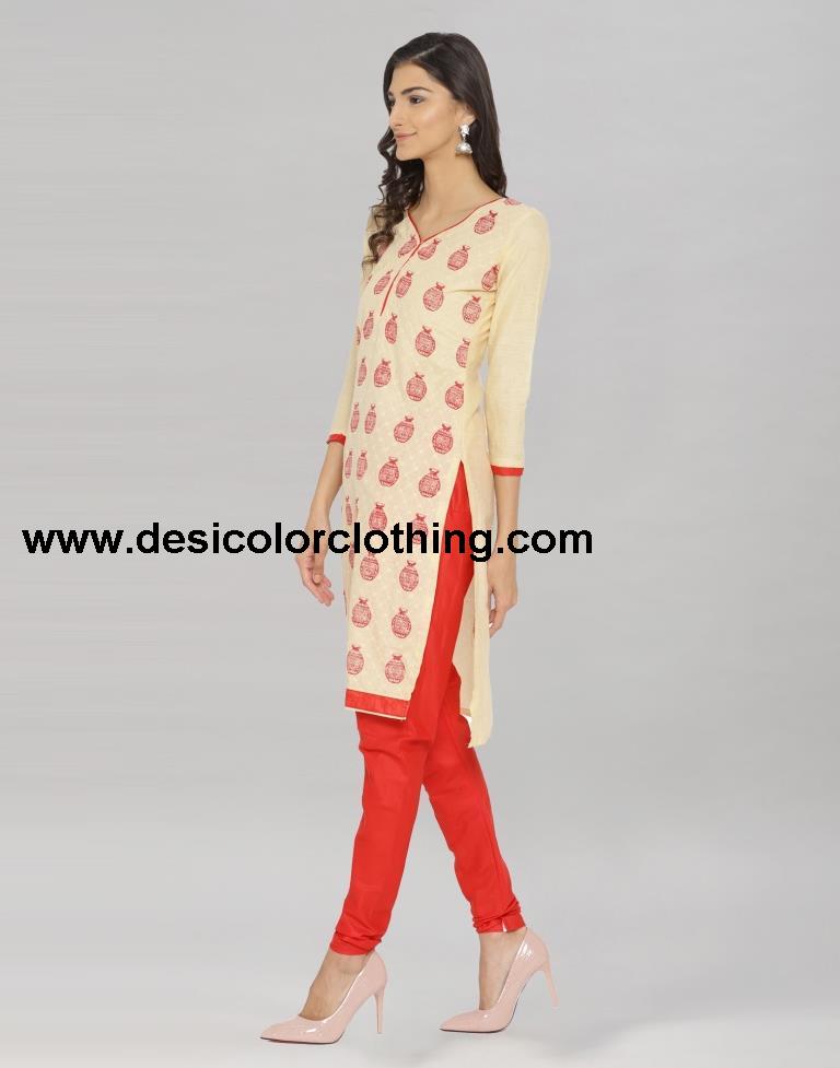 Beige Cotton Embroidered Printed Unstitched Salwar Suit