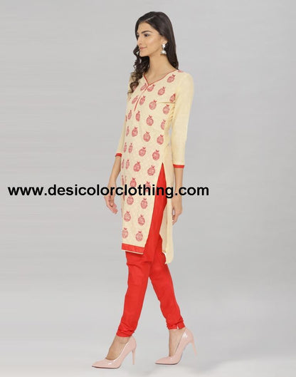 Beige Cotton Embroidered Printed Unstitched Salwar Suit